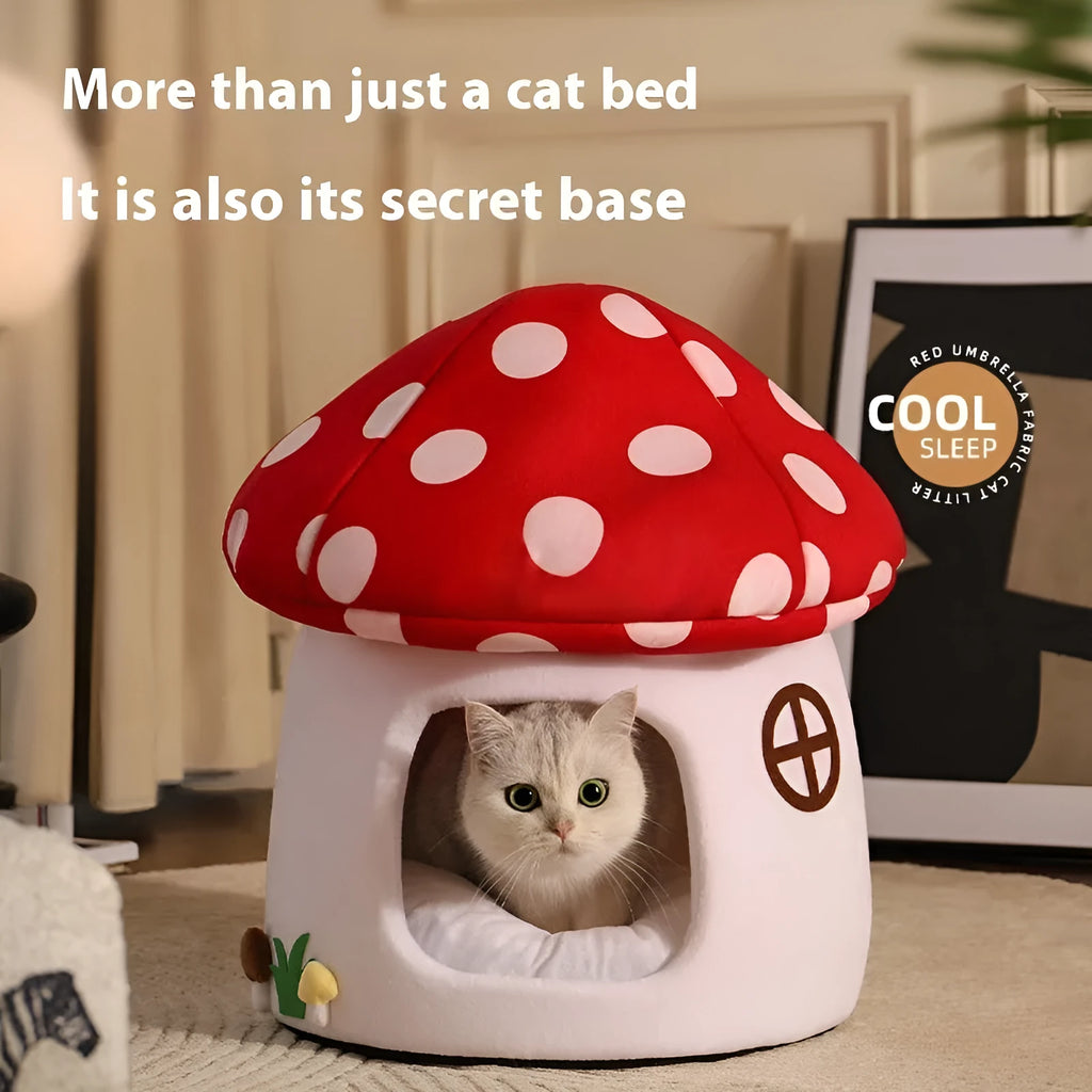 Semi-enclosed flannel cat bed mushroom design red umbrella finish for small cats indoor use