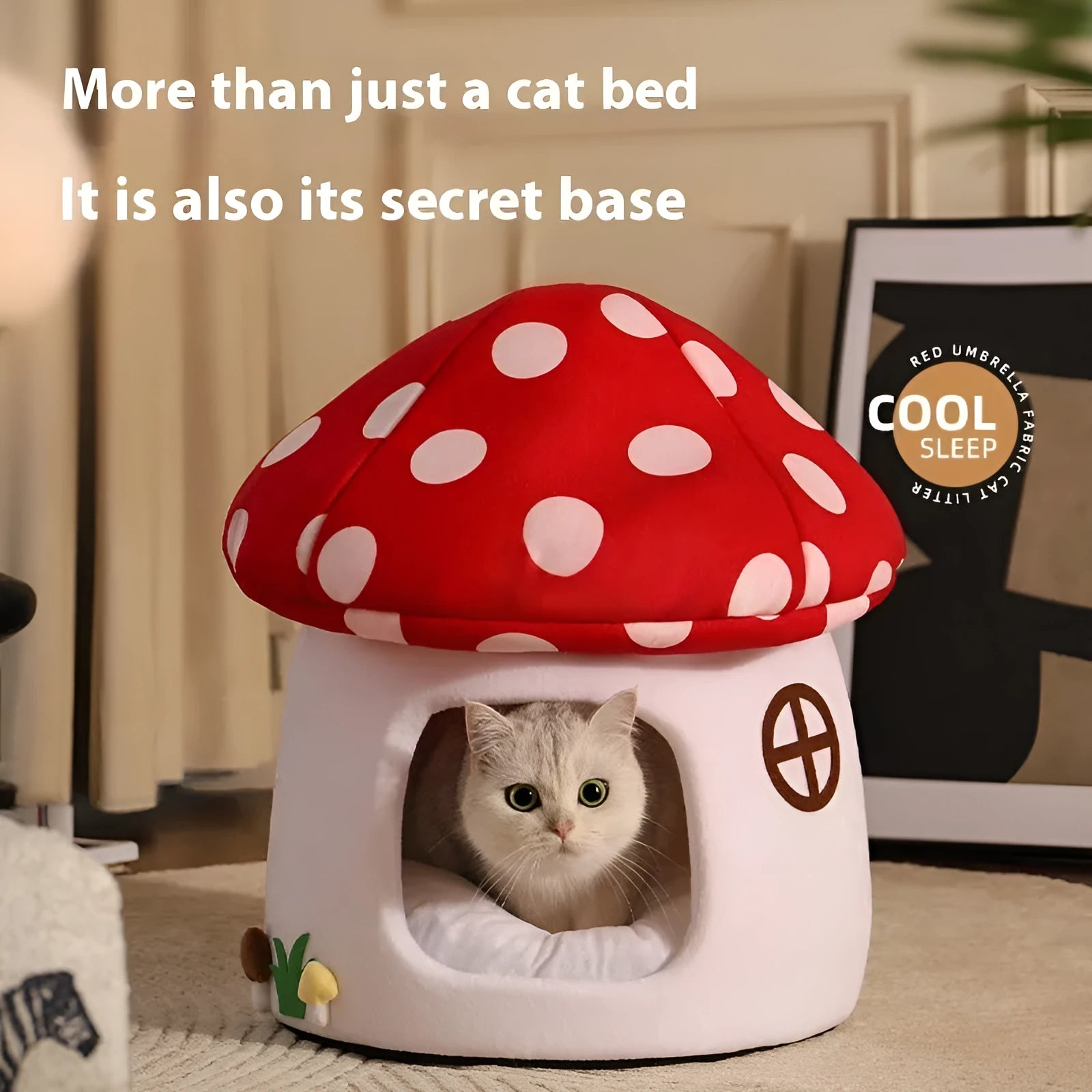 Semi-enclosed flannel cat bed mushroom design red umbrella finish for small cats indoor use