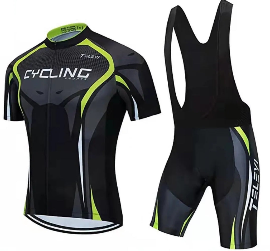 Cycling jersey and shorts set for men and women on a summer bike ride.