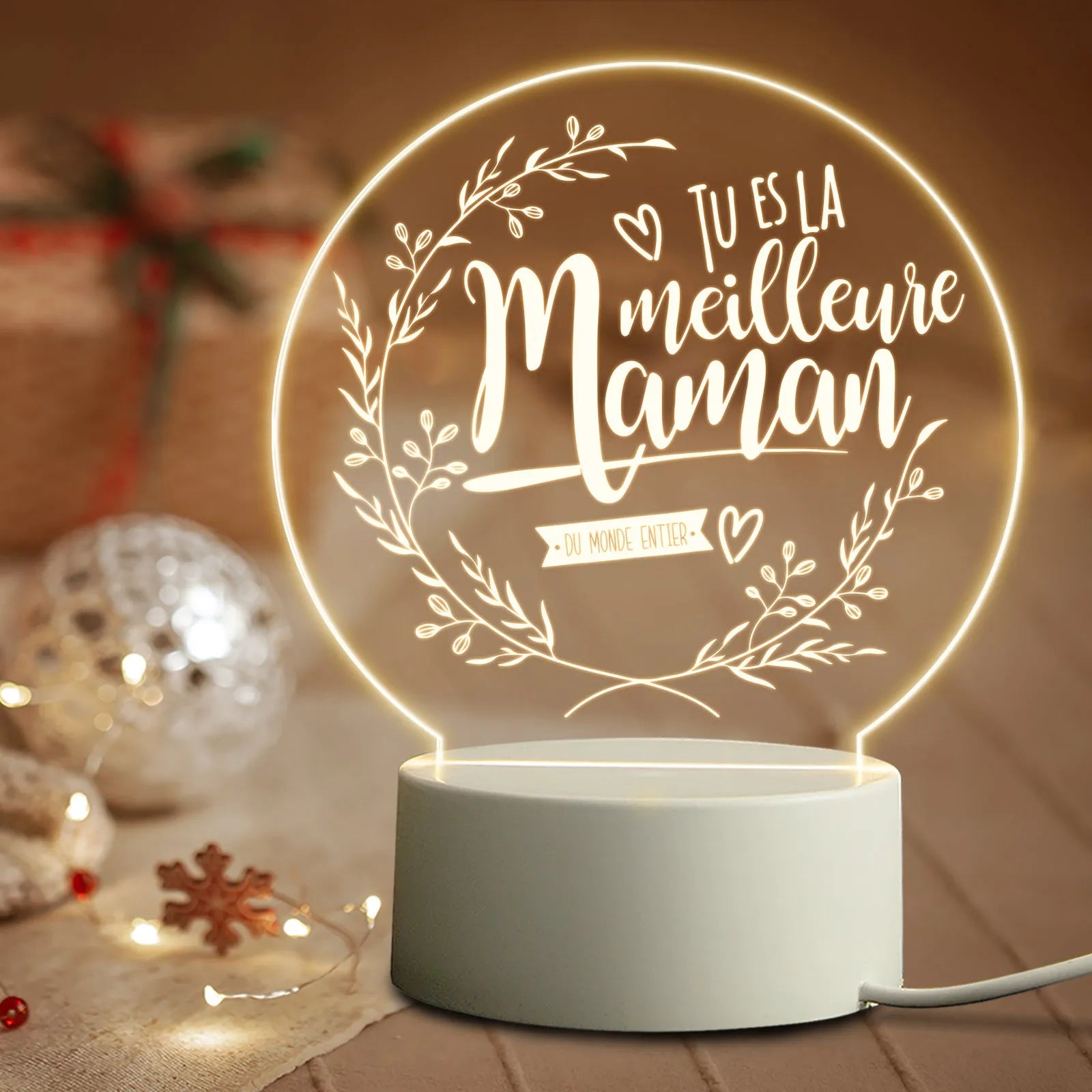 Acrylic LED night light with warm light on white base, USB powered, modern minimalist bedside decoration