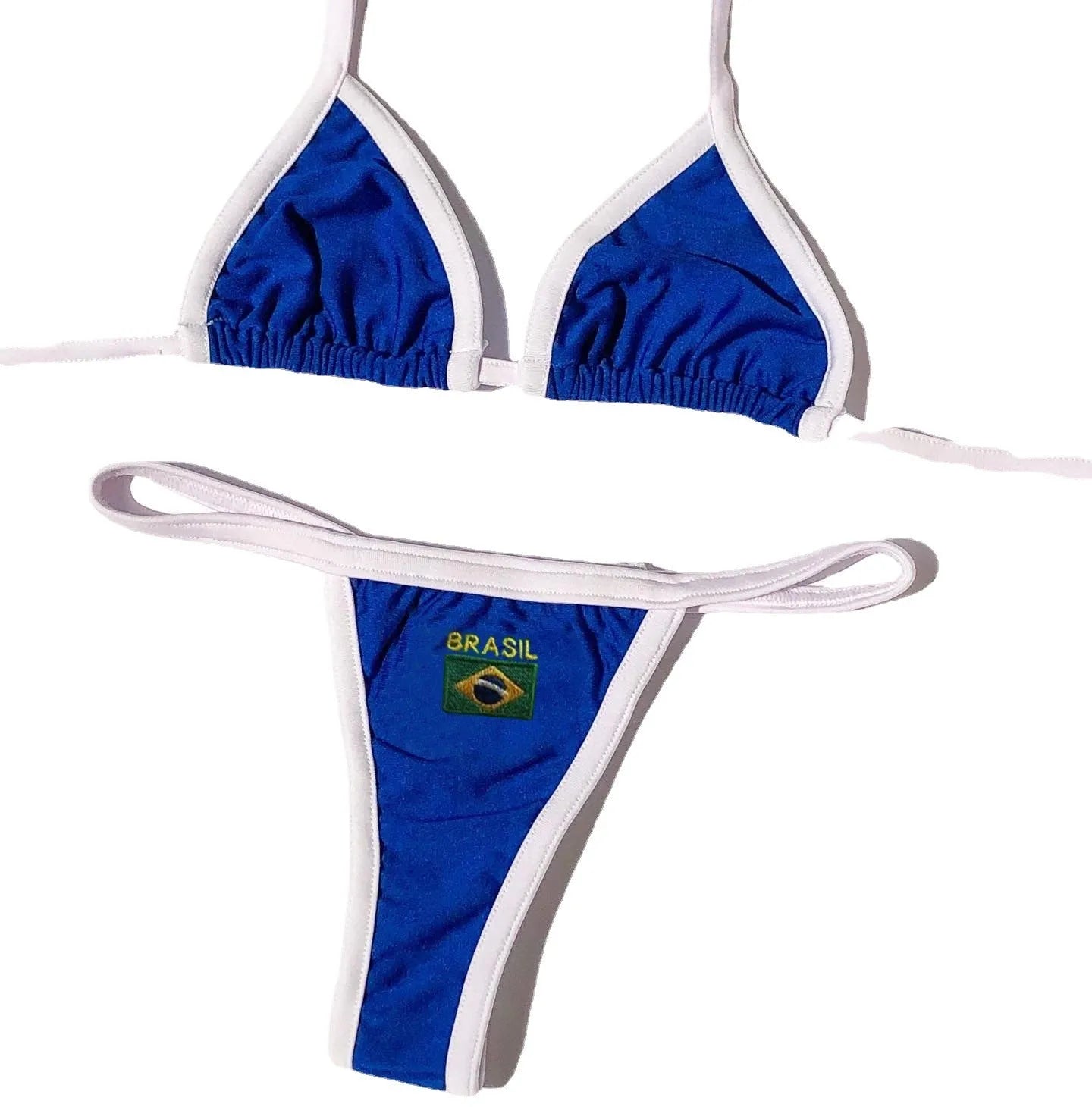 Women's summer bikini set with T-back bra and shorts in blue colour