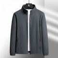 Men's thick grey Berber fleece cardigan coat with a stand-up collar and zipper front