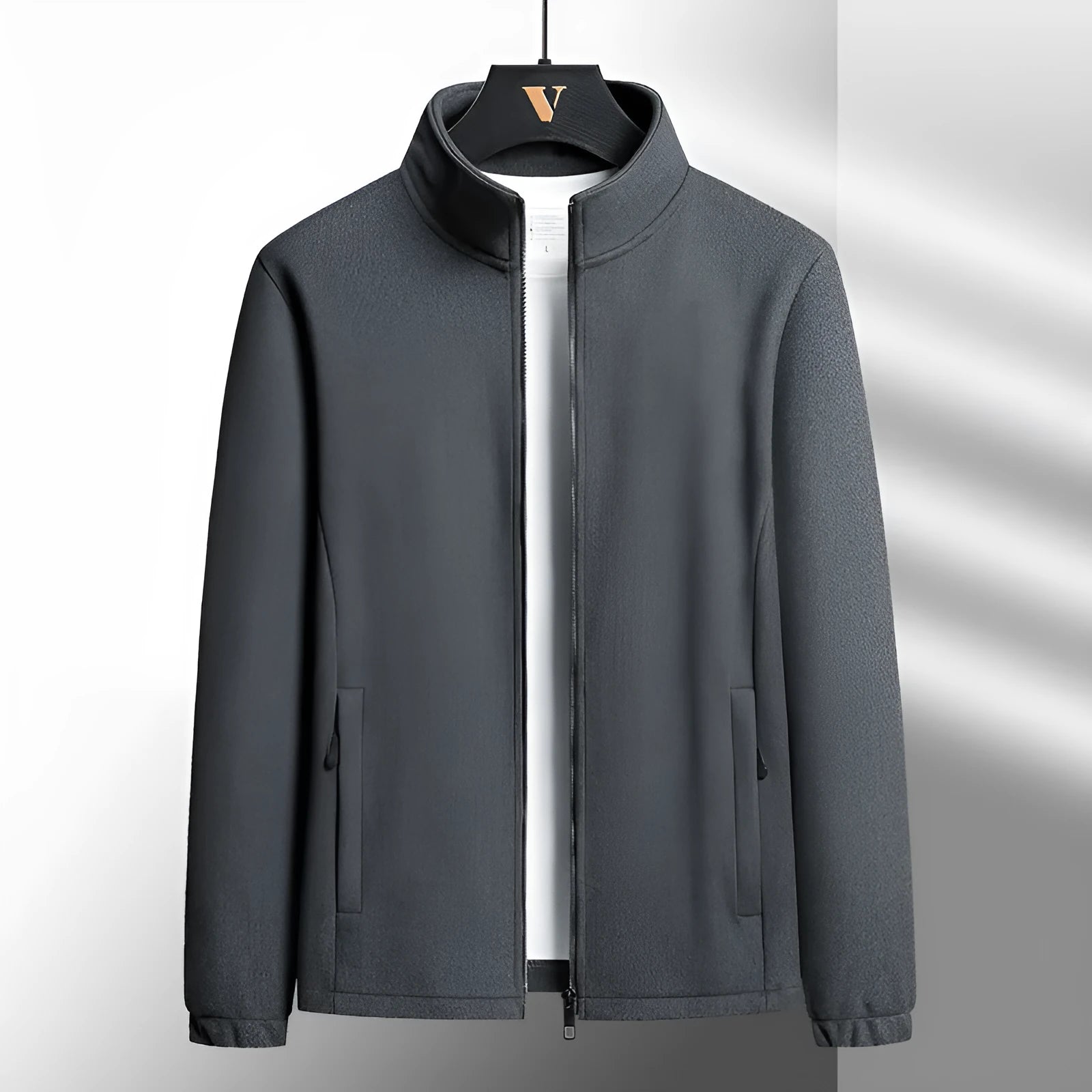 Men's thick grey Berber fleece cardigan coat with a stand-up collar and zipper front