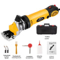 Yellow electric wool shearing machine with 13 straight teeth and complete accessory kit including multiple blade sets