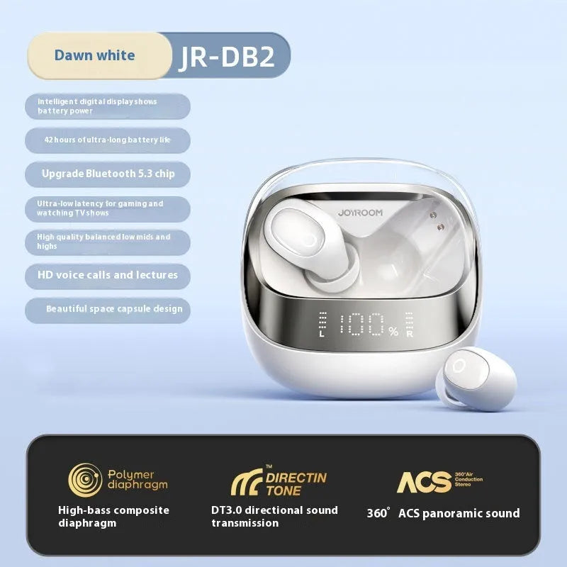 Dawn White wireless Bluetooth earbuds with charging case on a table