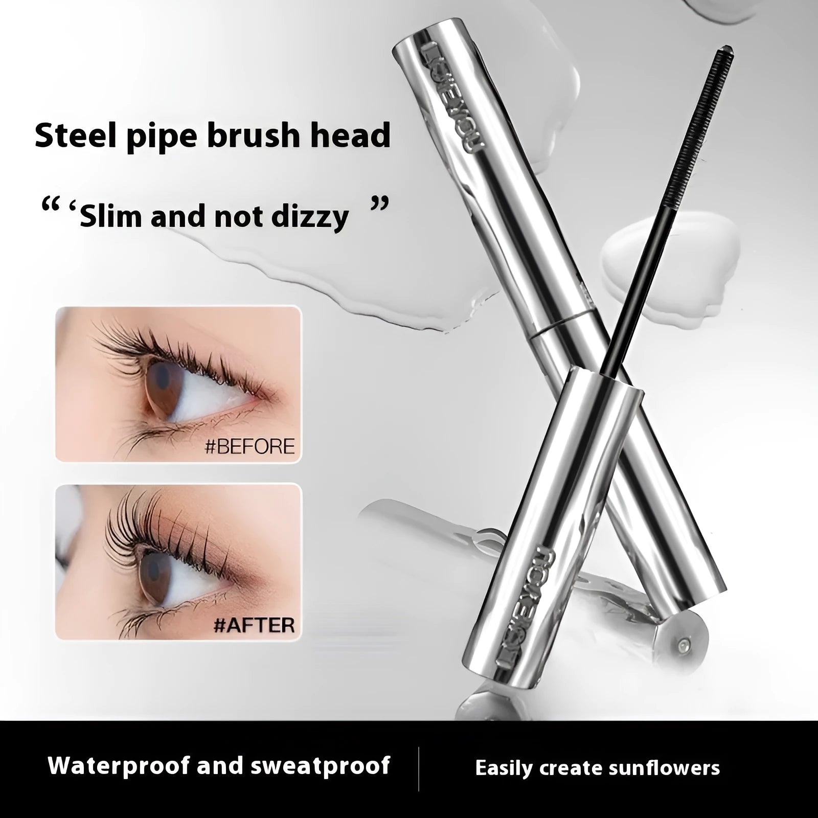 Steel tube waterproof mascara for long thick eyelashes in black and brown colour options