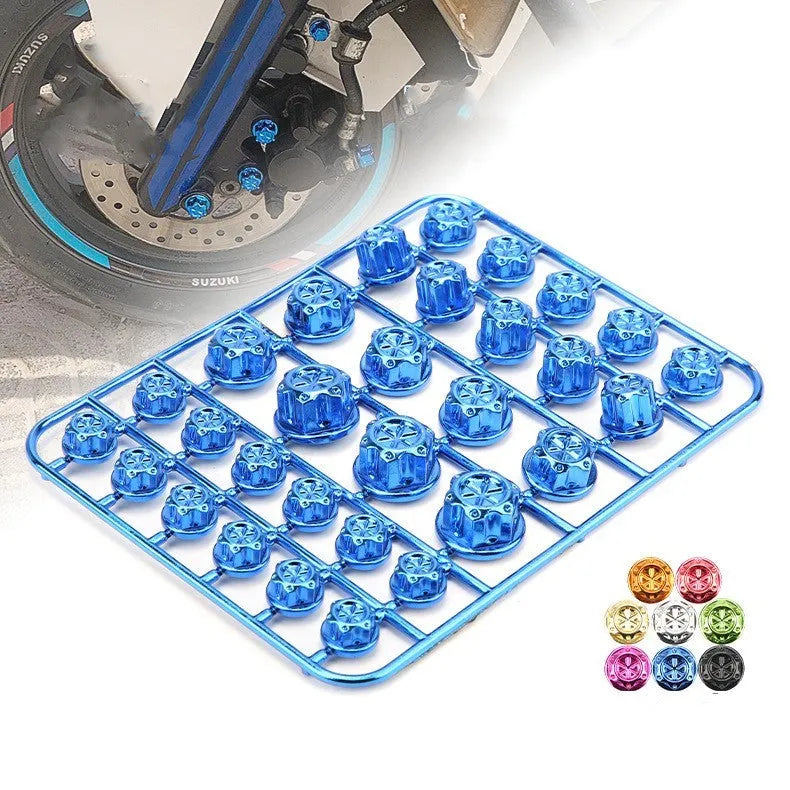 Set of 30 coloured ABS plastic motorcycle screw caps for engine modification.