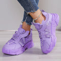 Women's purple platform mesh sports shoes with lace-up front and patterned sole