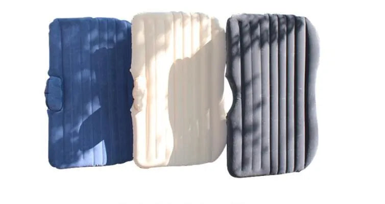 Car inflatable bed with ultra-thickened 0.5mm flocking cloth in Black Wave colour, shown inflated in rear of five-seater car