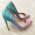Women's pink-blue gradient patent leather high heels with pointed toes and choice of heel heights