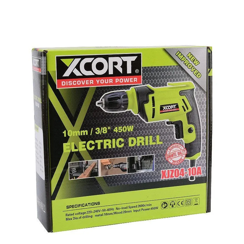 450W pistol grip electric hand drill with a black and grey casing and a 10mm chuck.