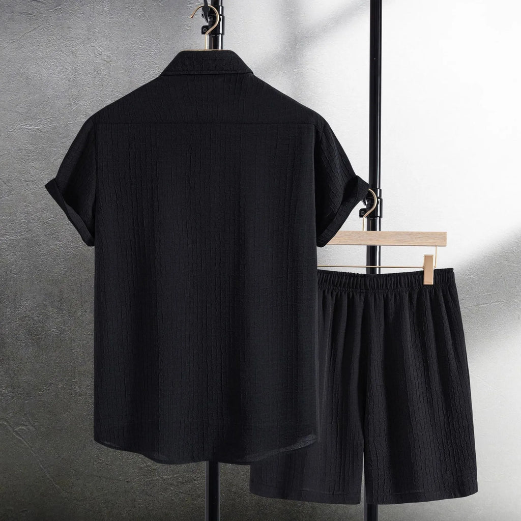 Men's black jacquard pattern short sleeve shirt and matching shorts casual suit
