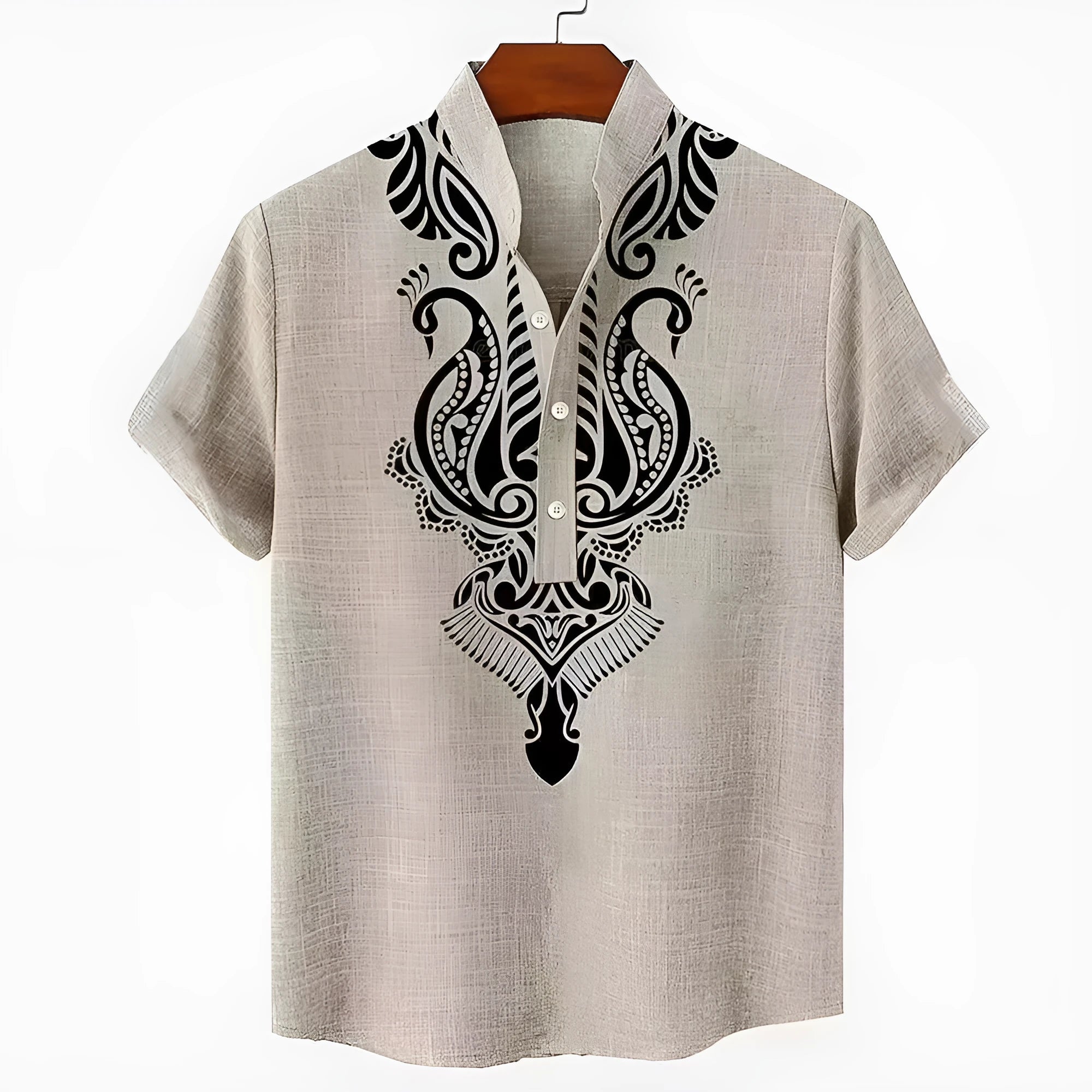 Men's loose fit striped casual shirt on a hanger, available in various colours and sizes.