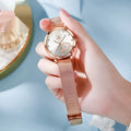 Rose shell women's watch with mesh strap showing black dial variant, 36mm alloy case