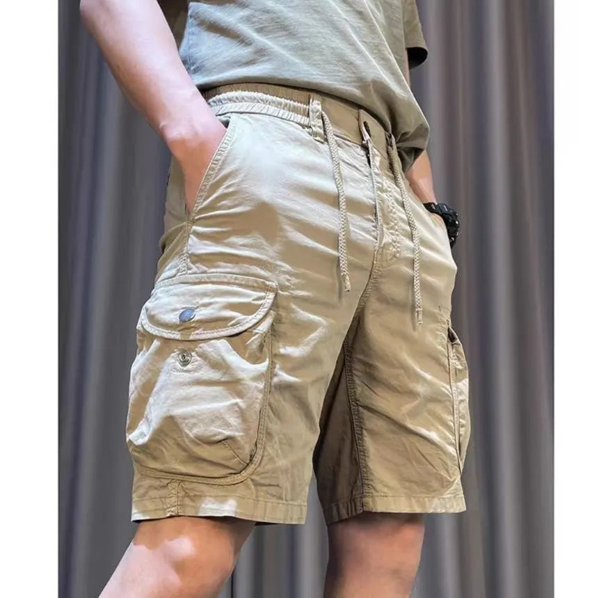 Korean-style loose straight overalls trousers with multiple pockets in micro-elastic polyester fabric
