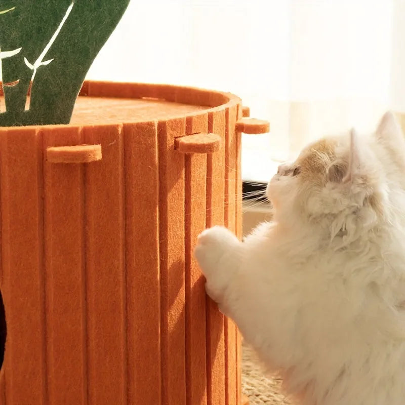 Carrot-shaped grey felt cat nest with a tunnel entrance, shown in two sizes for indoor cats.