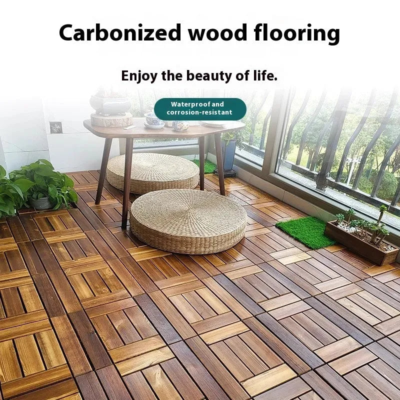 Camphor pine wood flooring tiles showing interlocking edges and wood grain texture