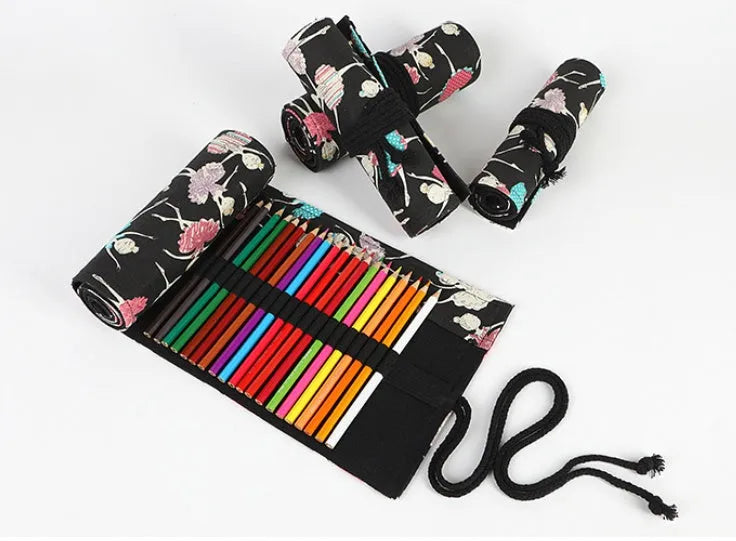Ballet girl print canvas pencil case curtain rolled up showing multiple pencil holes for organised storage