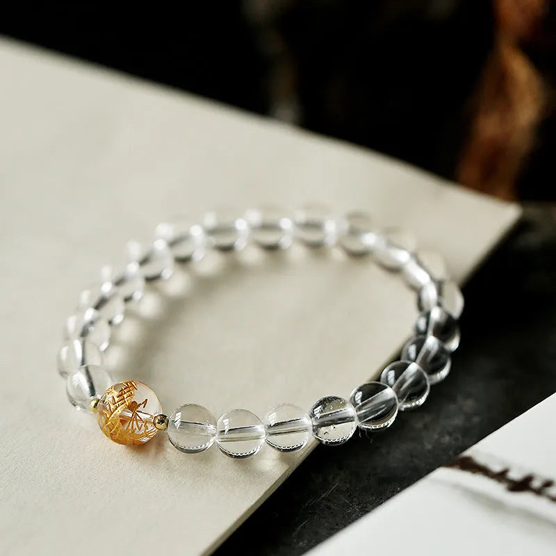 Unisex bracelet with obsidian, black agate, and white crystal beads in geometry shape, 10mm and 8mm