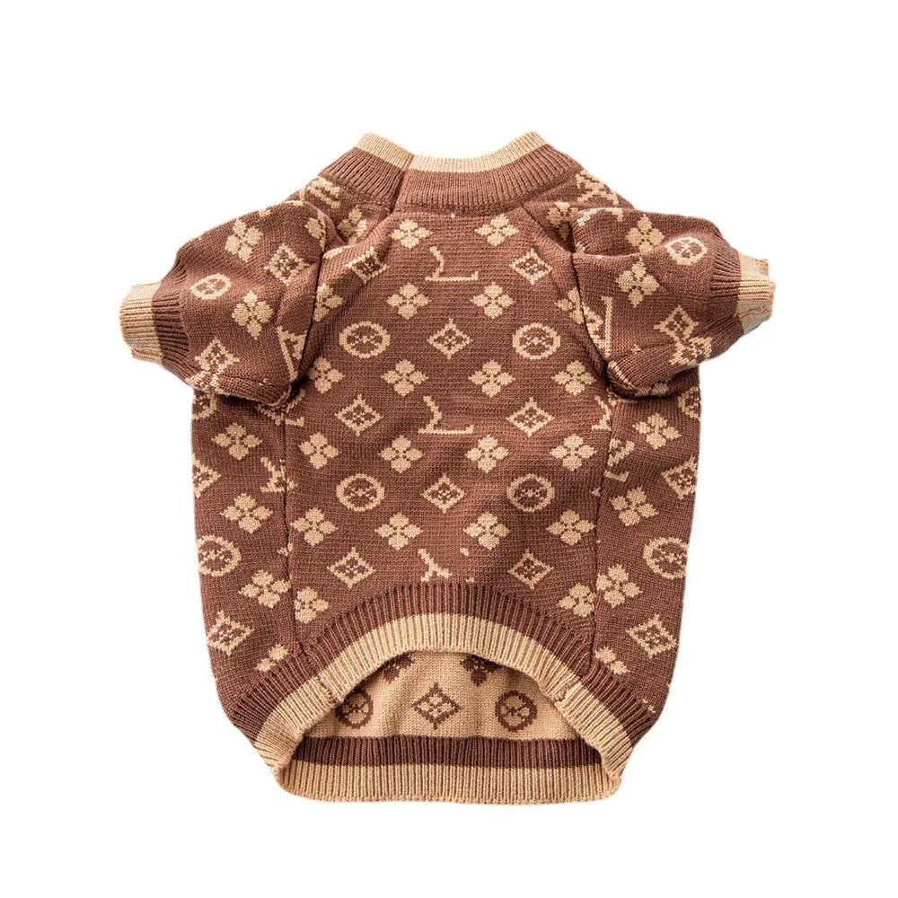 Wool knitted dog sweater in a two-tone colour on a small dog.