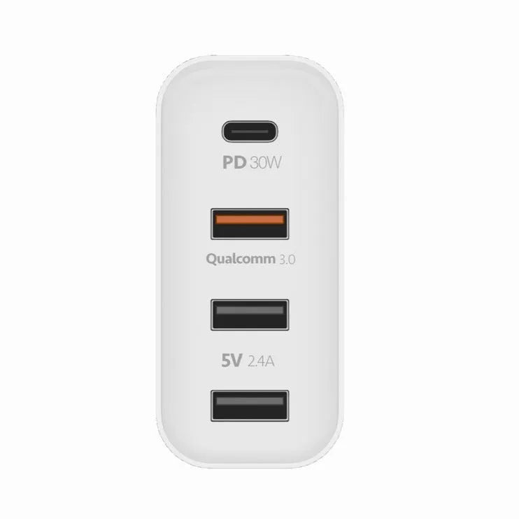 Black four-port USB-C wall charger with UK, EU, US, and AU plug adapters