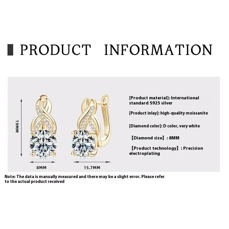 Light luxury moissanite twist drop earrings in 925 silver with gold finish