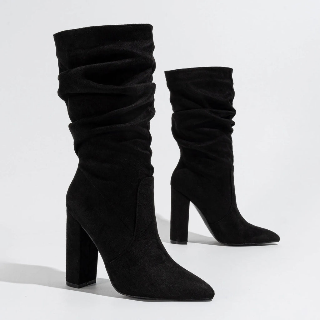 Women's black chunky heel pointed-toe suede boots with mid-calf length and 8cm+ heel height