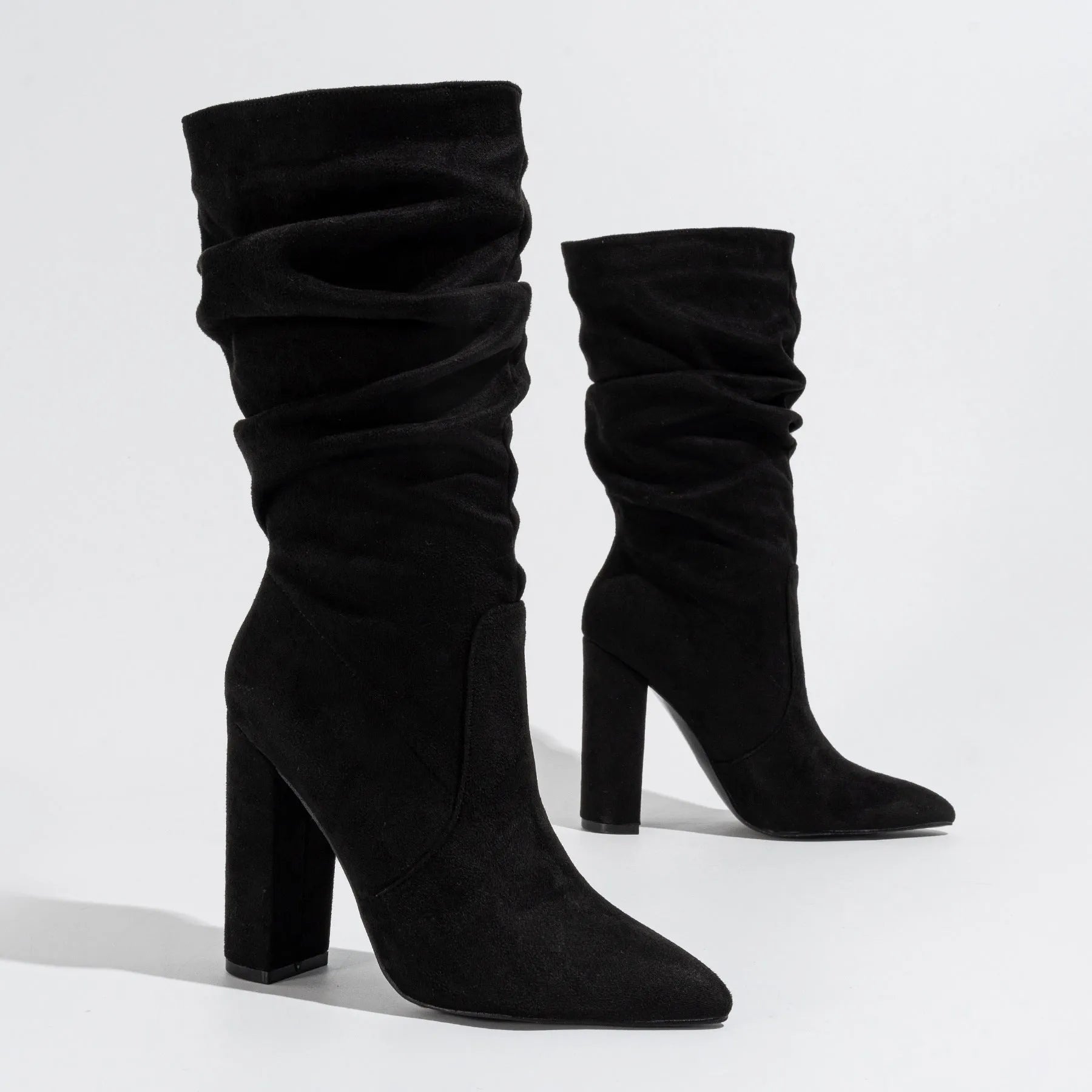 Women's black chunky heel pointed-toe suede boots with mid-calf length and 8cm+ heel height