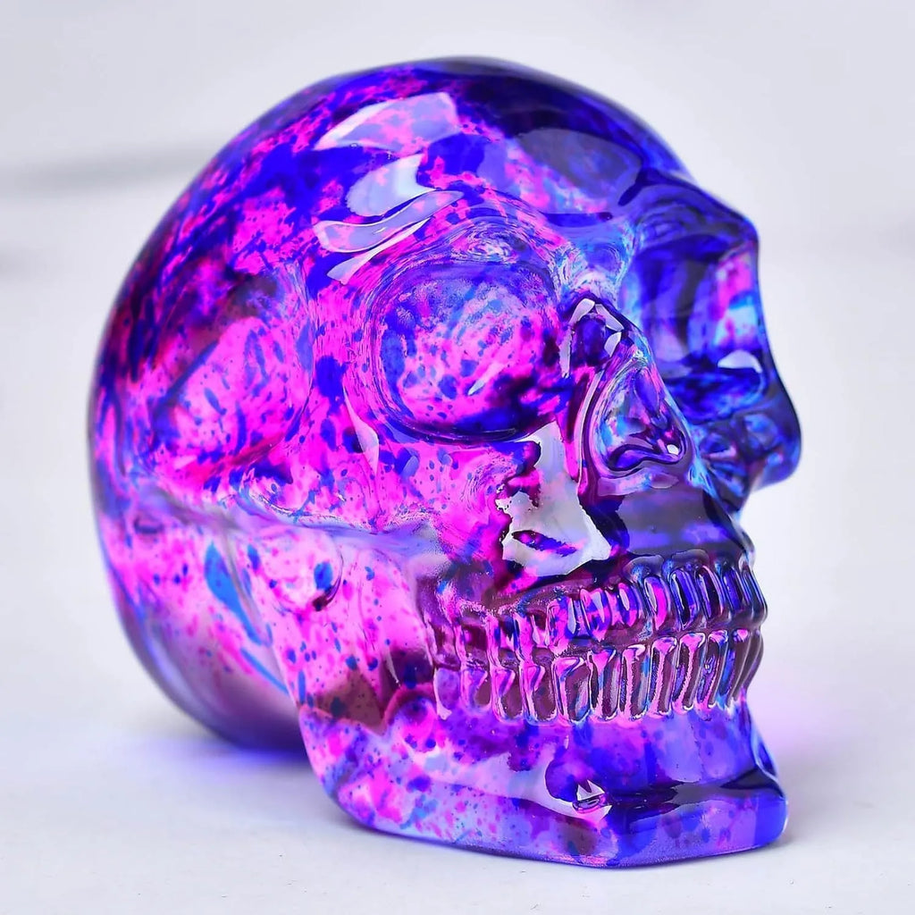 Pink and blue glass floral skull ornament for Halloween or Gothic home décor display