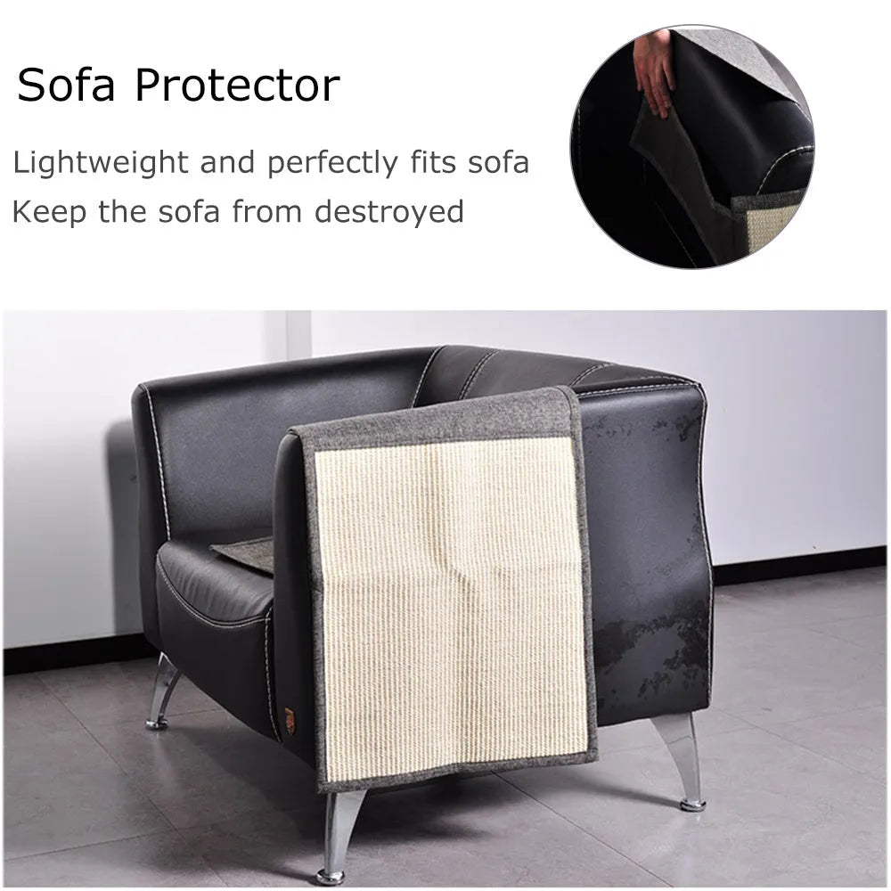 Beige cat scratch board sisal pad 40x29cm on a sofa armrest for furniture protection
