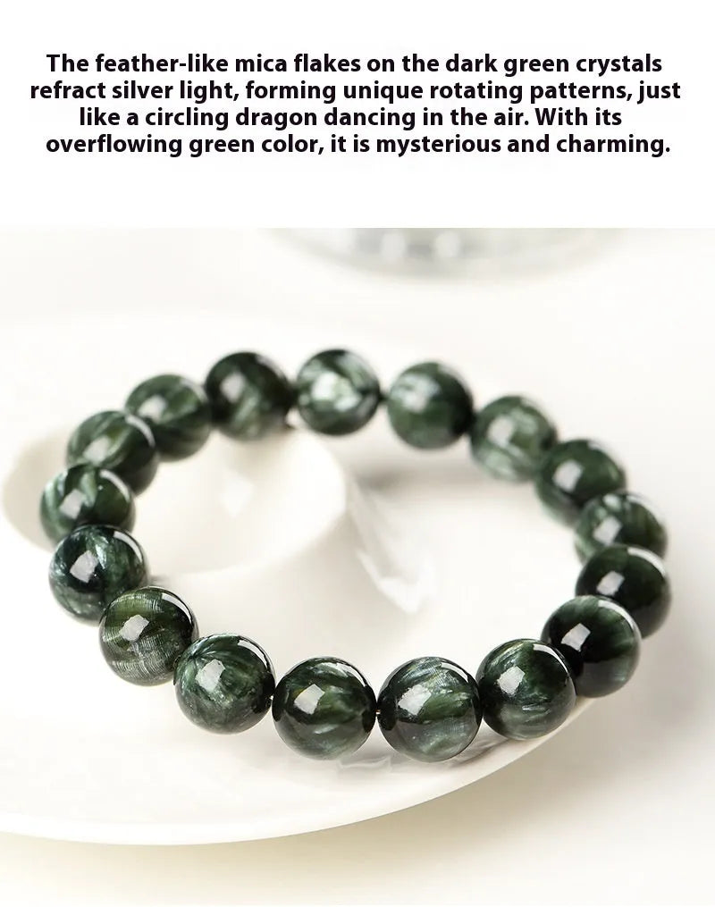 Natural green Grade 7A Dragon Crystal bracelet with 8-9mm round beads and a Ruyi design element.