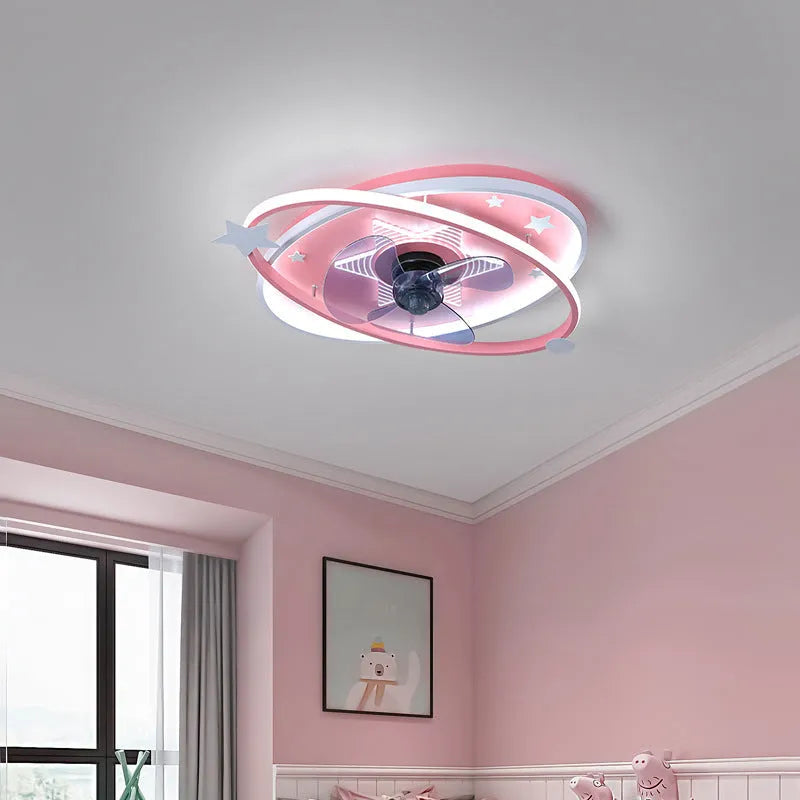Modern iron chandelier for children's bedroom with remote control and acrylic shade in blue or pink colours
