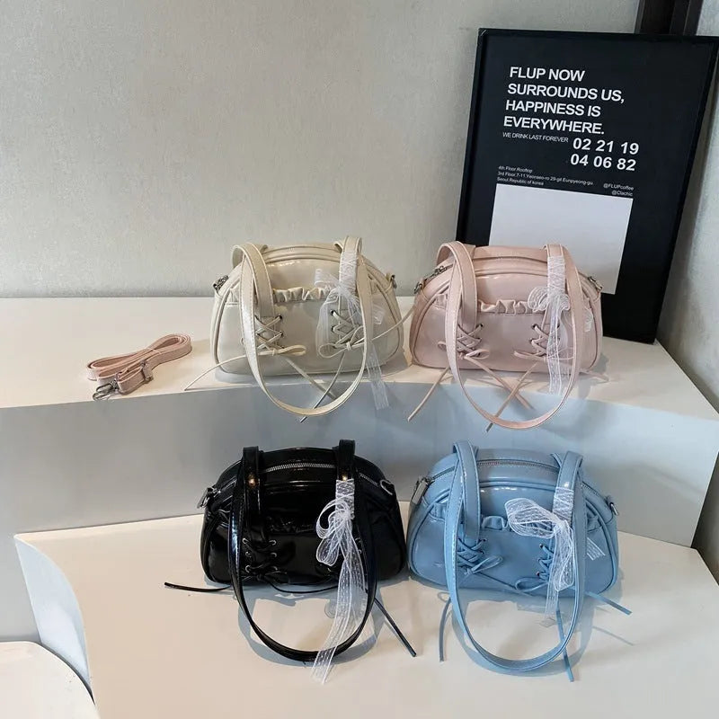 Ladies bandage bow shoulder handbag in PU leather with mobile phone pocket interior