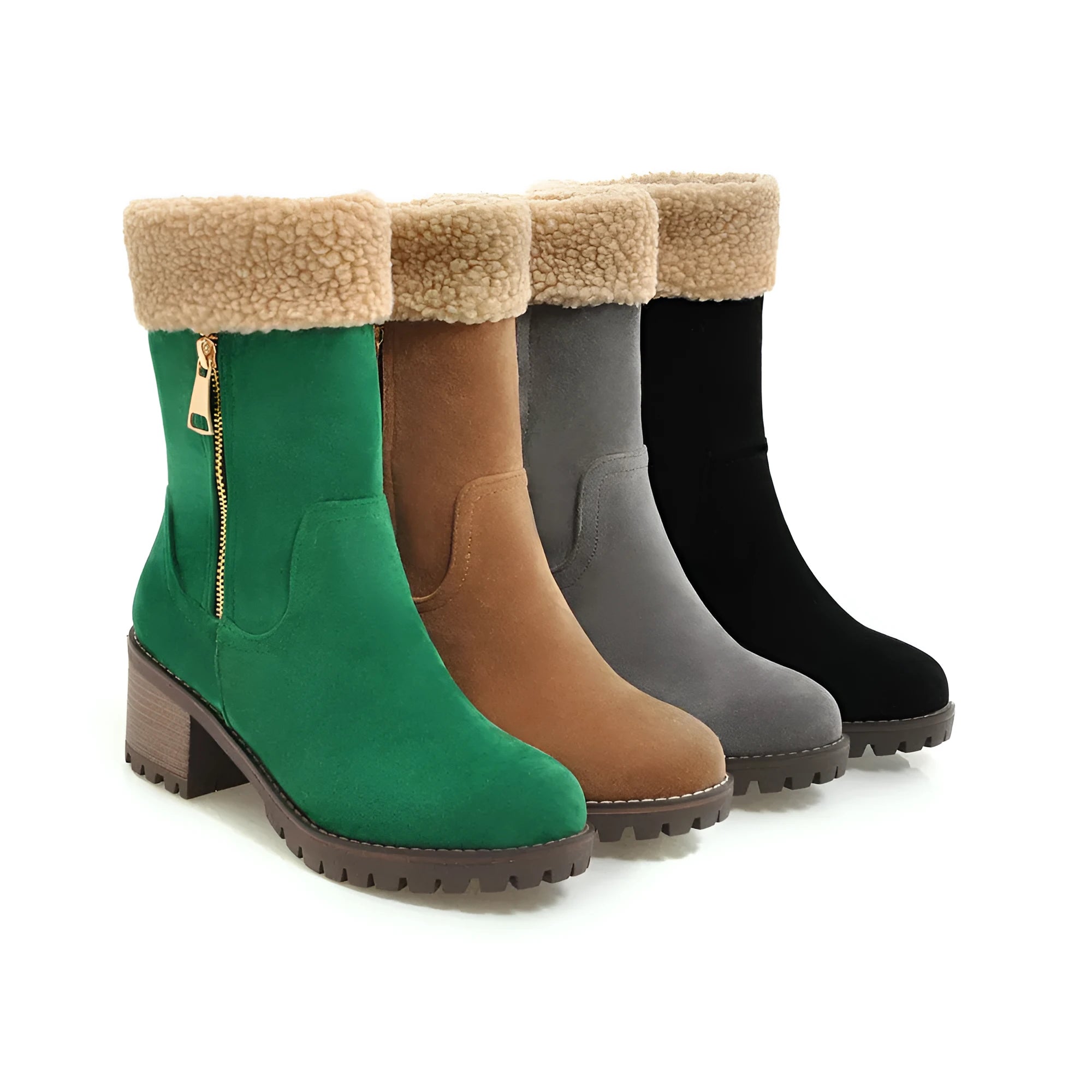 A pair of snow boots with a rubber outsole and plush lining in one of four colours: black, grey, green, or orange.