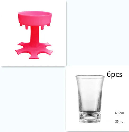 6-port wine dispenser with funnel and six cups in blue, grey, and pink colour options