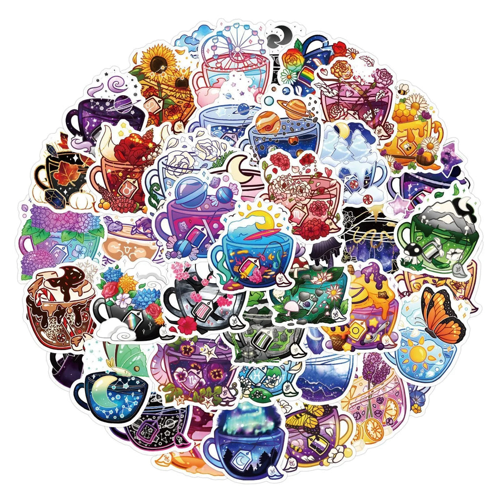 Pack of 50 colourful tea cup graffiti design waterproof vinyl stickers for DIY decoration.