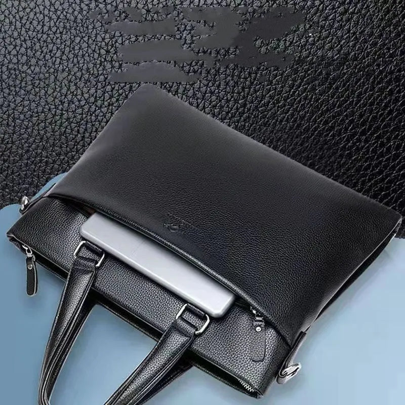 Black and brown PU leather men's messenger bag showing 35cm width and crossbody strap.