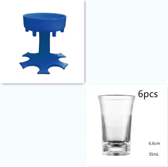 6-port wine dispenser with funnel and six cups in blue, grey, and pink colour options
