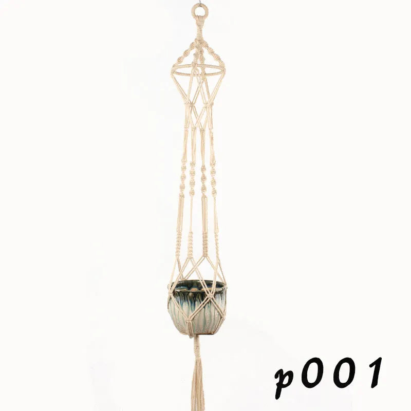 Woven natural cotton rope plant hanger showing desktop and wall hanging styles.