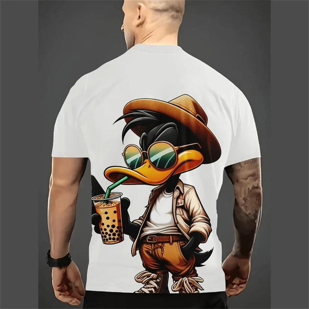 Men's loose fit casual T-shirt featuring a 3D printed cartoon pattern on the front.
