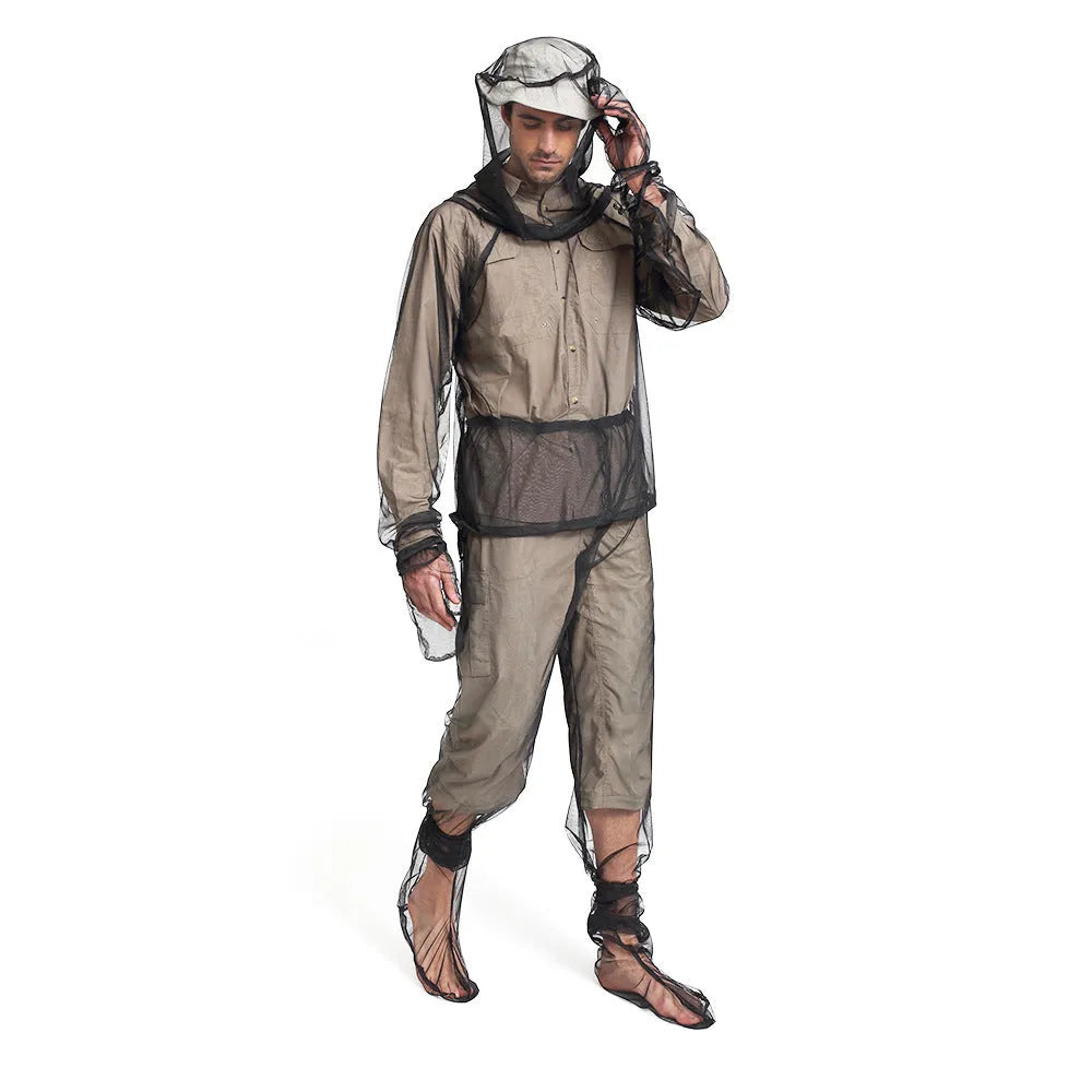 Summer camping anti mosquito suit four-piece set with trousers and booties in breathable mesh fabric