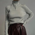 Women's silver gray retro single-breasted half turtleneck pullover sweater slim fit