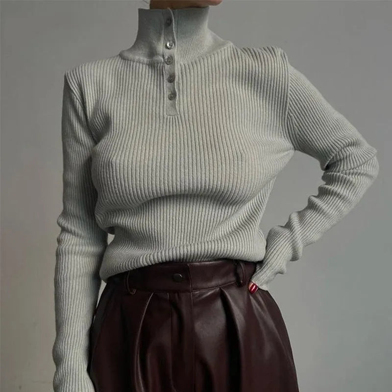 Women's silver gray retro single-breasted half turtleneck pullover sweater slim fit