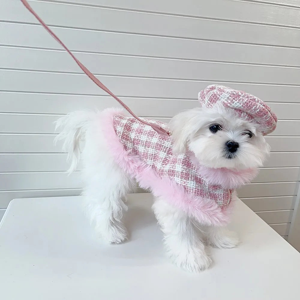 Pink polyester cat clothing set with beret and cape, showing chest and back traction design