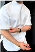White men's cotton t-shirt with a buttoned round hem on a hanger