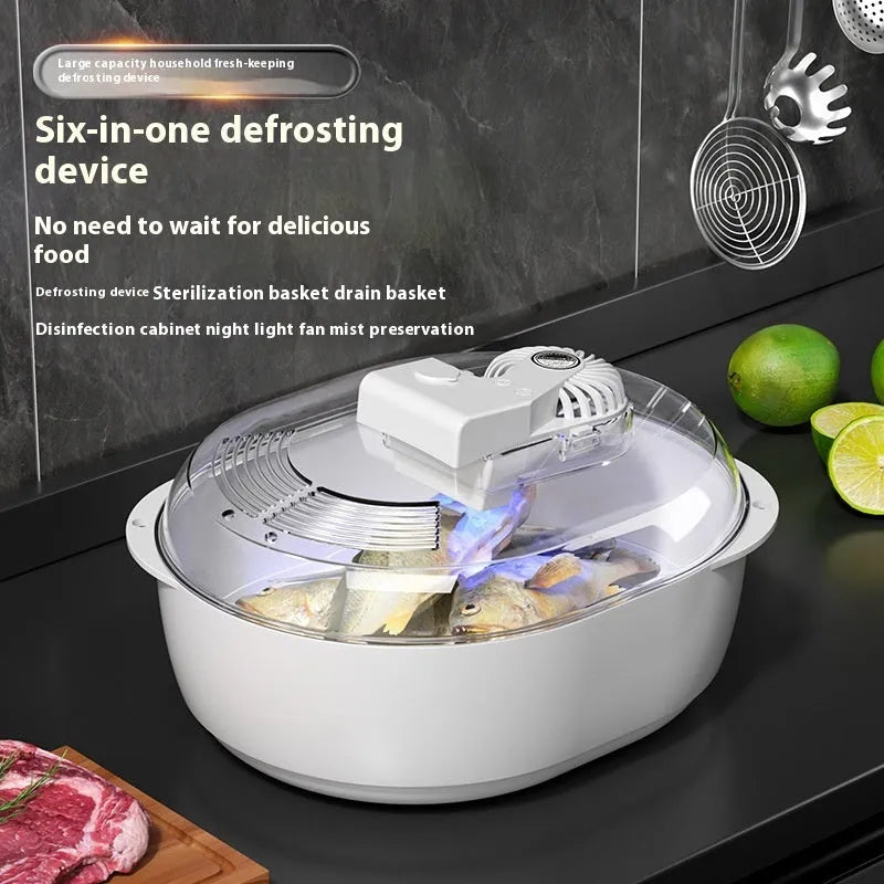 Modern aluminium food defrosting board with USB cable for kitchen counter use.