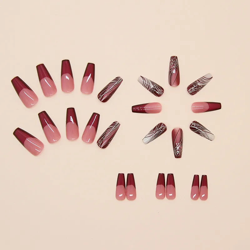 Line pattern fake nails in French line design W1620 with glue tube on white background