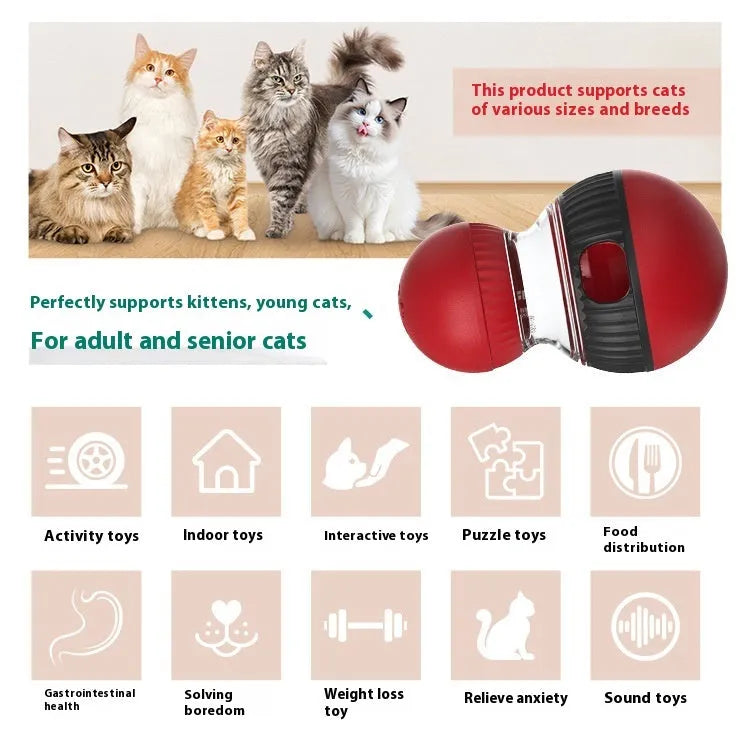 Plastic rotating cat toy in super ball colour that makes sounds and drops food