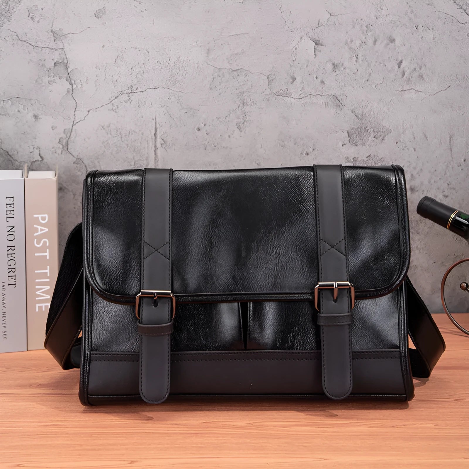 Black Korean-style men's anti-theft commuter backpack with waterproof PU material and visible sewing thread detailing