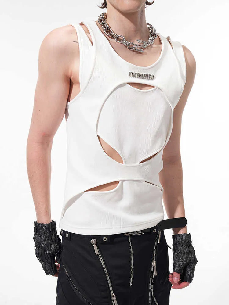 Men's loose-fit sleeveless vest in white shown on a hanger, featuring a round neck and pullover style.